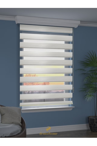 Br Demor Home Geniş Pliseli Ekru Zebra Stor Güneşlik Perde Metal Kasa Ekru