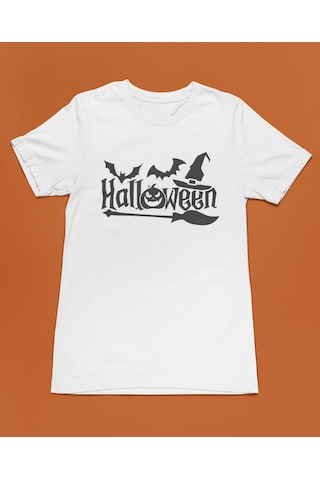 Bumeta Halloween Yarasa Balkabağı Cadı Şapkası Ve Süpürge Unisex Tişört T-shirt Beyaz