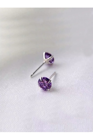 Brezza Lusso Jewelry 925 Ayar Ametist Taşlı Mor Renk Yuvarlak Tektaş Bayan Gümüş Küpe