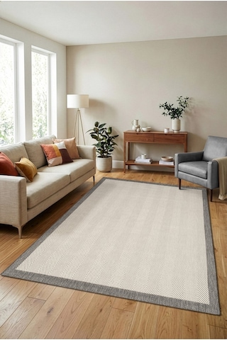 Çerçeveli Bohem Dokunuşlu Doğal Tonlarda Modern Sisal Krem Gri Renk Halı Gri Krem