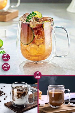 6'lı Çift Cidarlı Bardak 250 Ml Ev Ofis Çay Fincanı Kahve Sunum Bardağı Dayanıklı Kupa Cam Bardak