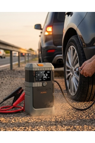 Araç Akü Takviye Powerbank Lastik Şişirme Kompresörü Led Işıklı Çok Fonksiyonlu Acil Durum Cihazı Cn