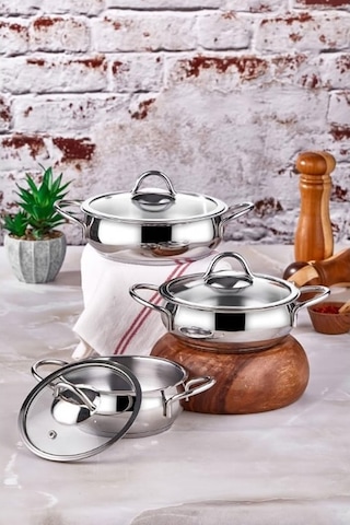 Taç Vitali İndüksiyon Tabanlı Çelik Sahan Seti 3'lü 6 Parça - Gri