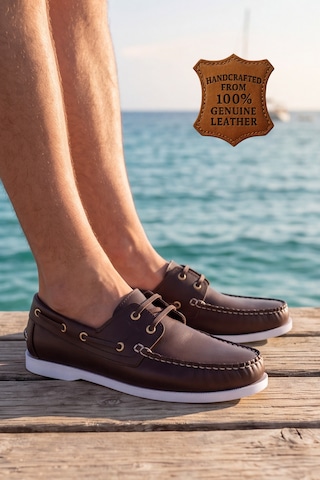 Nautical Hakiki Deri Kahverengi Kauçuk Anti Sararma Özellikli Taban Boat Shoe Loafer Makosen Cas... Beyaz - Kahverengi