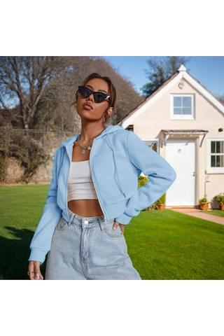 Kadın Kapüşonlu Fermuarlı Crop Hırka Sweatshirt -üç İplik Şardonlu