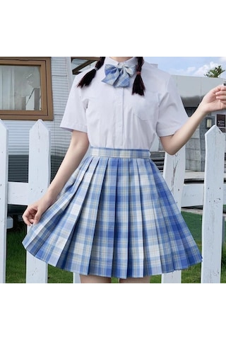 3 Adet Kadın Anime Okul Üniforması Seti Yaz Jk Kısa Gömlek Ceket Etekler Takım Elbise Mavi