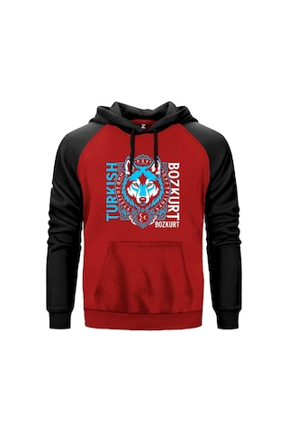 Dikey Turkish Bozkurt Tipografili Mavi Baskılı Gri Renk Reglan Kol Sweatshirt Kapşonlu