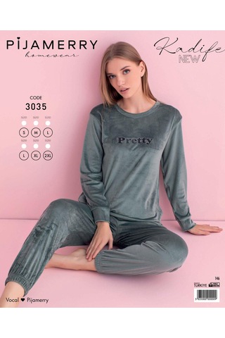 Pijamerry Kadın Kışlık Bisiklet Yaka Kadife Pijama Takımı 3035sy - 1 Adet Yeşil