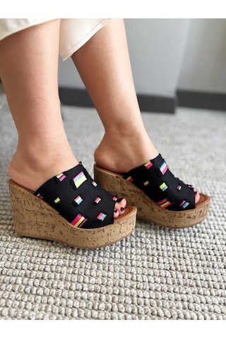 Asmi Shoes Kadın Limo Siyah Kot Dolgulu Mantar Taban Terlik 10 Cm Siyah