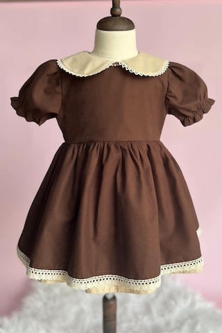 Dantel Detaylı Bebe Yaka Kahve Camel Vintage Kız Çocuk Bebek Bayram Elbise 001