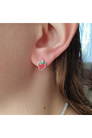 MAGRİB kırmızı çilekli gümüş çocuk küpesi