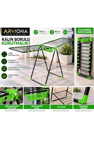 Arvıona Home 170 Cm Kalın Borulu Katlanabilir Metal Çamaşır Kurutmalığı 8 Borulu Yeşil