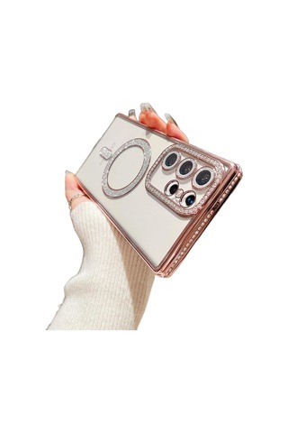 Samsung Galaxy S25 İçin Magsafe İle Uyumlu Kılıf Simli Kamera Kenar Taşlı Kapak Rose Gold