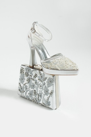 Dabab Shoes Pearly Gümüş Ayakkabı Çanta Kombin Platformlu 11cm Topuklu İncili Bantlı Abiye Ayakkabı Çanta Seti