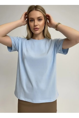 Park Karon 26047 Pamuk Kadın Bisiklet Yaka Taş İşleme Oversize Penye Bluz Bebe Mavi