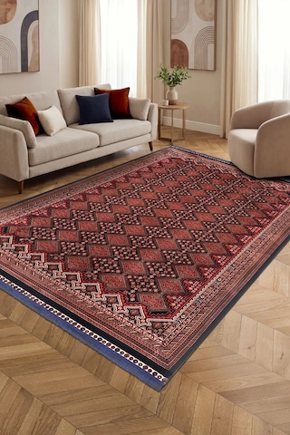 Aksum Etnik Geometrik Desenli Klasik Salon Oturma Odası Halısı Robot Süpürge Uyumlu Kolay Temizlenebilir Polyester Pamuk Karışımı Kırmızı