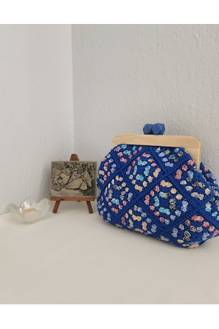 Fikriharika Design Retro, Motifli, Ahşap Burslu, Kadın El Çantası Saks Mavi