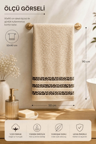 4'lü El Yüz Havlusu Seti %100 Pamuk 50x90 Cm Leopar Elegance Bej