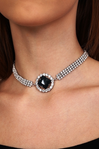 Kadın Siyah Oval Model Zirkon Taşlı Gümüş Abiye Kolye Choker Çok Renkli