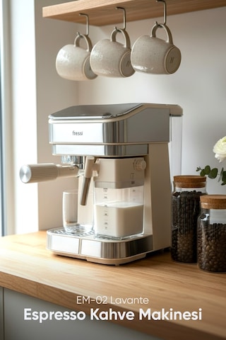 Fressi Espresso Latte Cappuccino Kahve Makinesi Otomatik Süt Tanklı 20bar Basınçlı Lavante Krem 4506