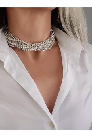 Gümüş Kaplama Taşlı Çoklu Görünümlü Choker Tasma Kolye Silver