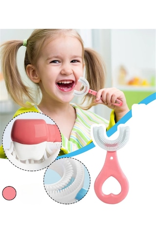 Çocuk Diş Fırçası U Şeklinde Pratik Bebek Diş Fırçası Saplı 2-6 Yaş Pembe 360 Derece Dönebilen Diğer