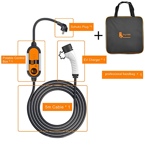 Feyree 5 Metre Ev Prizi Elektrikli Araç Şarj Cihazı - 3.5 Kw - Tip 2 - Taşınabilir Şarj Cihazı 3.5 KW