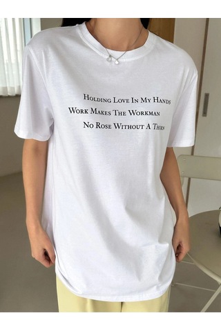 Flood Of Style Kadın Beyaz Yazılı Baskılı Oversize Bisiklet Yaka Tişört