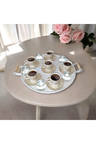 Tepsi Seti Ahşap Kulplu Metal Çay Tepsisi Kahve Tepsisi Sunum Kah