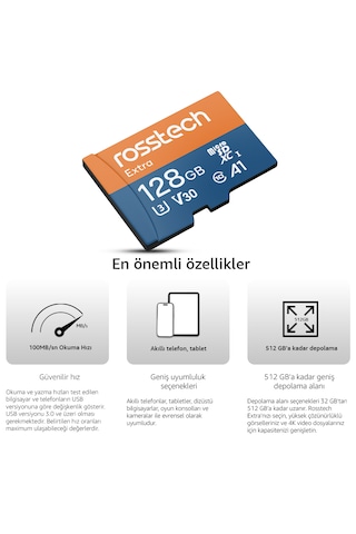 Rosstech Extra 128gb Microsdxc V30 Uhs-3 C10 100mbsn Hafıza Kartı