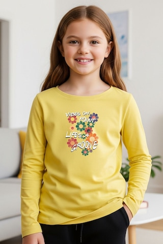 Yuvarlak Yaka Renkli Çiçek Baskılı Kız Çocuk Sweatshirt Sarı