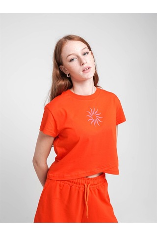 Kız Çocuk Güneş Baskılı Kısa Tshirt-12690 Turuncu