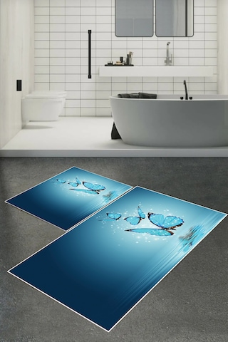 Dijital Baskılı Yıkanabilir Kelebek Desenli Kaymaz Taban 2'li Banyo Paspas Seti Mavi