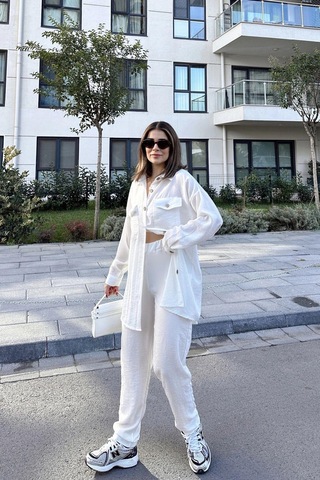 Kadın Ekru Çift Cepli Uzun Gömlek & Beli Lastikli Pantolon - Rahat Alt & Üst Takım Ekru