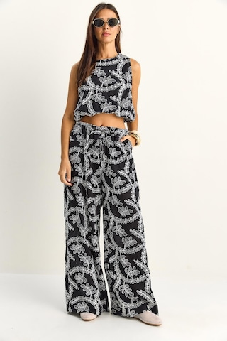 Shade Kadın Nakış İşlemeli Lastikli Balon Crop Bluz Geniş Paça Pantolon Takım 8037 60286157 - Siyah