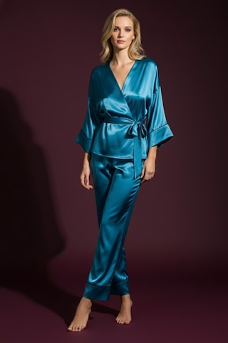 Kadın Turkuaz Saten Kuşaklı Pijama Takımı Kimono Kol Detaylı Şık Ve Rahat 2 Li Set