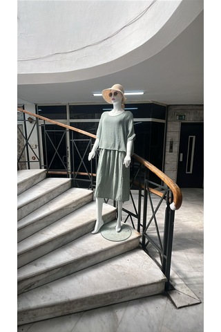 İtalyan Müslin Keteni Üstü File Bluzlu Astarlı Tek Parça Elbise-9256 Su Yeşili