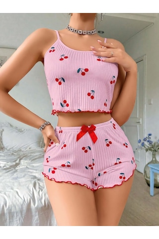 Kadın Pembe Kiraz Desenli Askılı Şortlu Pijama Takım 5044 Pembe