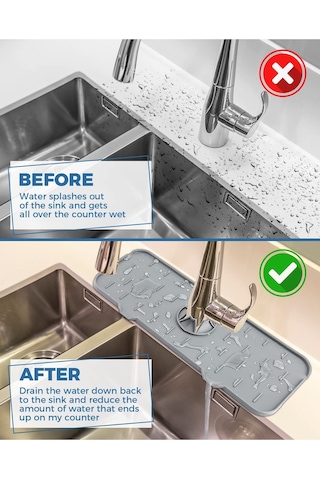 Mucit Home Silikon Musluk Matı Su Geçirmez Lavabo Kenar Damlatmaz Altlık Düzenleyici Mat Gri