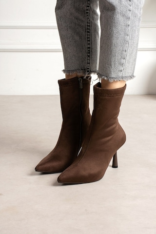 Dabab Shoes Marya Kadın Acı Kahve Streç Lüks Süet Sivri Burun Sıcak Astarlı Fermuarlı 7 Cm İnce Topuklu Bot Bootie Acı Kahverengi