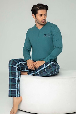 Aydoğan Erkek Tuna Koton Patlı Düğmeli Çam Yeşili Pijama Takımı 0450 Turkuaz