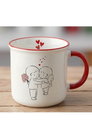 Romantik Çift Tasarımlı 370 Ml Porselen Kupa Kırmızı Kulplu Sevimli Aşk Temalı Kahve Kupası Beyaz - Kırmızı