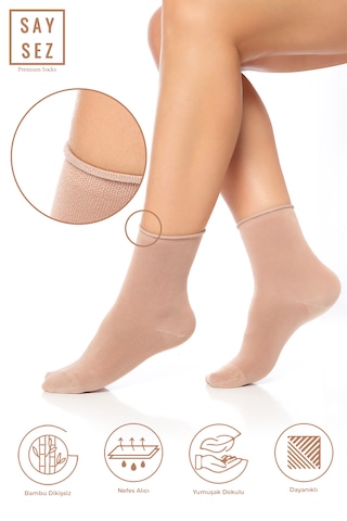 Bambu Kadın Lastiksiz Bej Soket Dikişsiz Premium Çorap 3'lü Pkt Bej