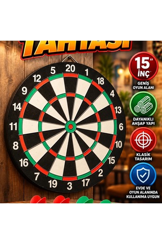 15 İnç Ahşap Dart Tahtası Seti 4 Adet Metal Uçlu Dart Oku