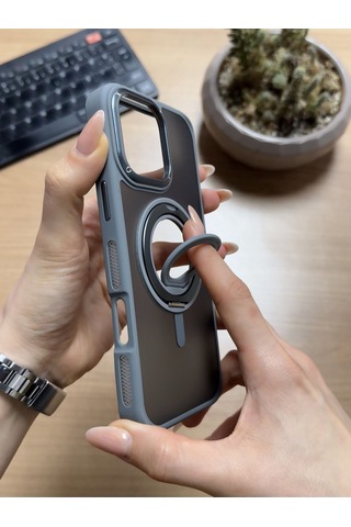 Apple iPhone Uyumlu 16 Pro Standlı Ve Yüzüklü Magsafe Kılıf Soocase721 Gri