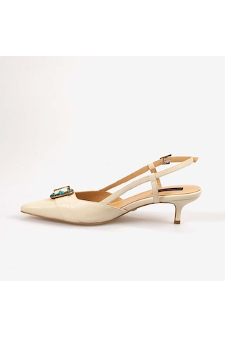 Rouge Kadın Taşlı Toka Detaylı Slingback Sivri Burun 6cm Topuklu Ayakkabı 7124 Bej