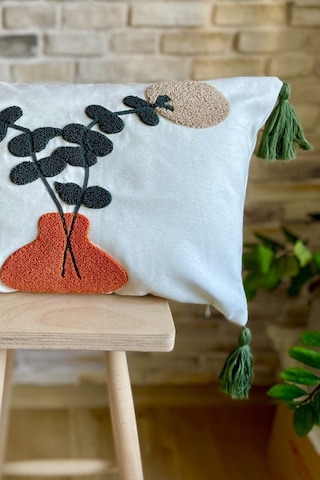 Swita Home Punch İşlemeli Tekli Dekoratif Özel Tasarım Kırlent Kılıfı Panç Turuncu - Bej