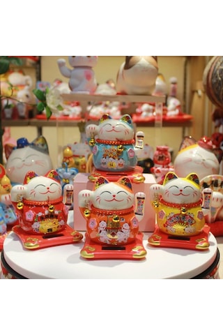 Seramik Maneki Neko Kırmızı Güneş Enerjili Şans Kedisi 12cm No.1