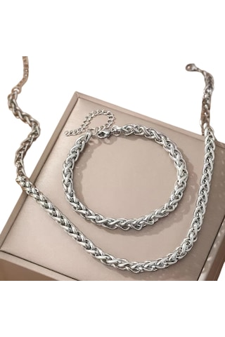 Çelik Takı Seti Bileklik Kolye Burgu Zincir Model 2 Mm Kalınlık 18-55 Cm Uzunluk Gümüş Silver Gümüş