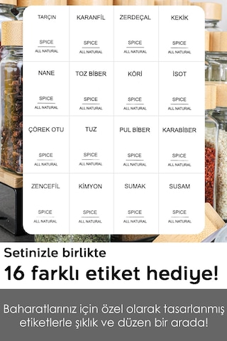 12'li Bambu Kapaklı Cam Baharatlık Seti - Etiketli Tuzluk Biberlik Köşeli Baharat Takımı 120 Ml ŞEffaf
